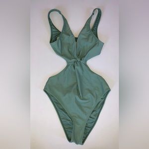 Sage green once piece swimsuit with open back